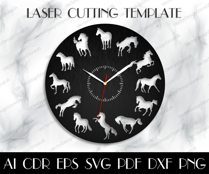 May include: A black clock face with white horse silhouettes and a red and white clock hand. The clock face is surrounded by a black circle with the text "LASER CUTTING TEMPLATE" in white. The text "AI CDR EPS SVG PDF DXF PNG" is at the bottom of the image.