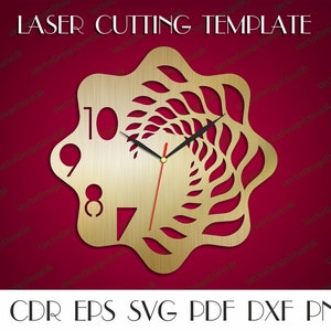 May include: A gold-colored laser cut clock face with a swirling leaf design. The clock face has Roman numerals for the hours. The clock face is on a red background.