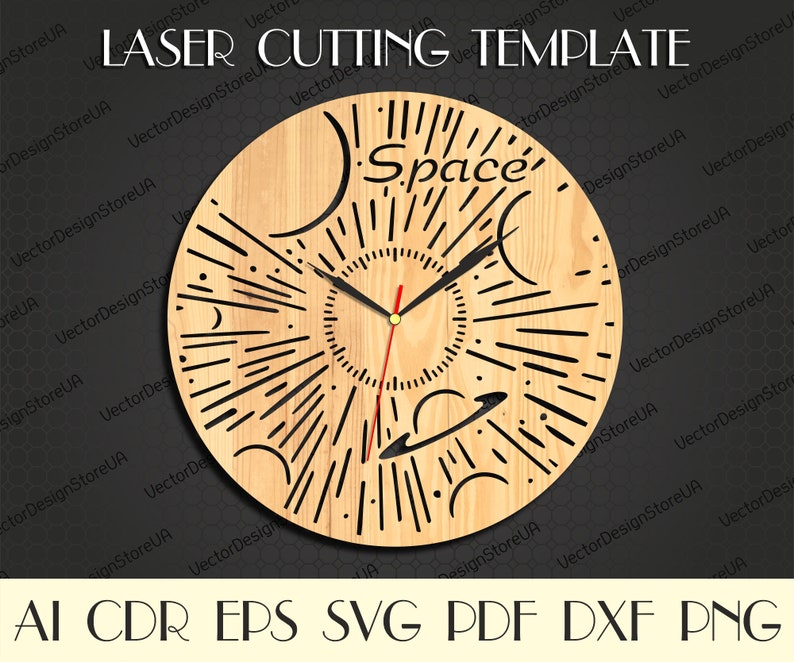 May include: A laser cut wooden clock face with a space theme. The clock face is round and has a light brown wood grain. The clock face has a black outline and features a sun with rays, planets, and stars. The clock face also has the word "Space" written in black lettering.