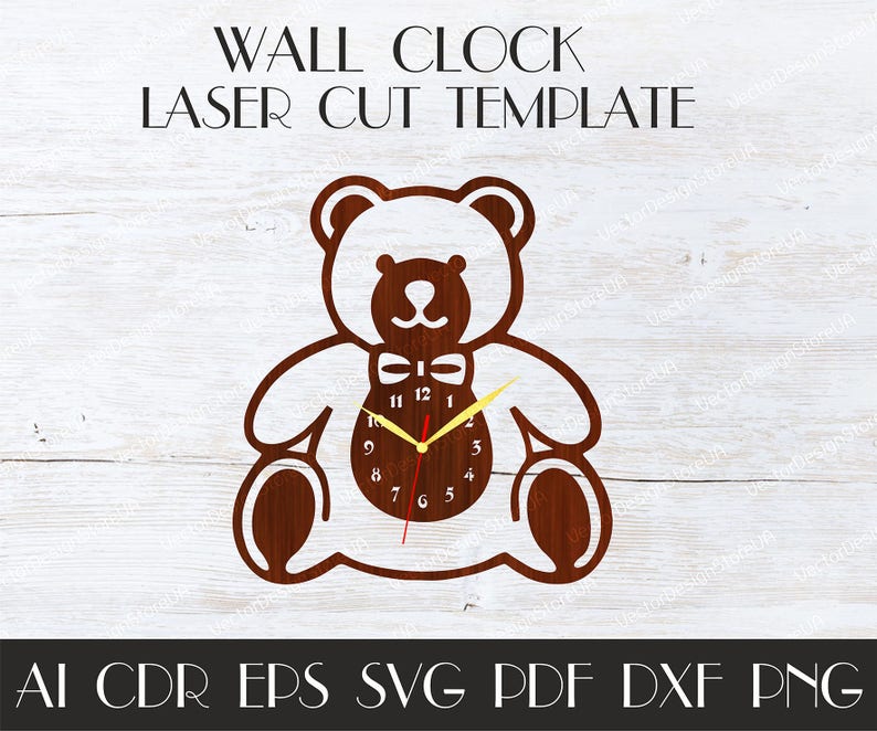 Kids room clock WCM-32 Laser cut template Vector for CNC Birthday gift Kids room decor Teddy bear template Teddy bear clock for wall