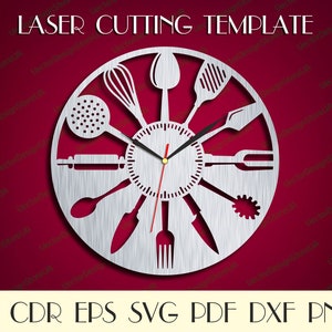 Puede incluir: Una plantilla de corte por láser para un reloj de cocina con una esfera de reloj plateada con una variedad de utensilios de cocina, incluyendo un batidor, una espátula, un tenedor y una cuchara. El texto "LASER CUTTING TEMPLATE" está en la parte superior de la imagen. El texto "AI CDR EPS SVG PDF DXF PNG" está en la parte inferior de la imagen.
