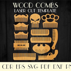 May include: Laser cut template for wood combs. The design includes a skull, a comb with a mustache, a comb with a beard, a comb with a bat, a comb with a gun, and a comb with a knuckle duster.