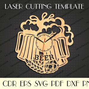 May include: A wooden clock shaped like a beer mug with a foam top and the word "BEER" below the clock face. The clock face is white with black numbers and hands. The clock is surrounded by a wheat stalk design.