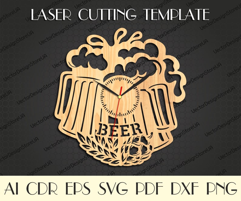 May include: A wooden clock shaped like a beer mug with a foam top and the word "BEER" below the clock face. The clock face is white with black numbers and hands. The clock is surrounded by a wheat stalk design.