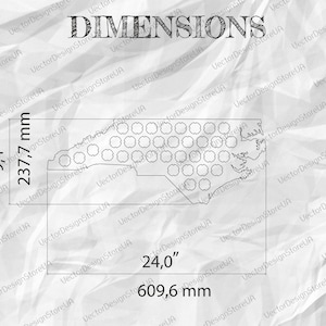 May include: A black and white line drawing of the state of North Carolina with dimensions of 9.4 inches by 24.0 inches or 237.7 mm by 609.6 mm.