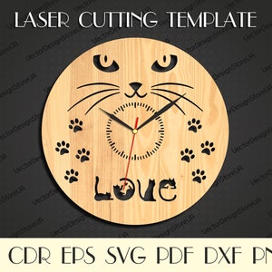 Reloj de pared para gatos, Decoración de pared para gatos, Arte de pared para gatos, Gatos svg, Regalo con gatos, Me encantan los gatos, planos CNC, archivos cortados con láser, Reloj svg, Reloj dxf WCM-45