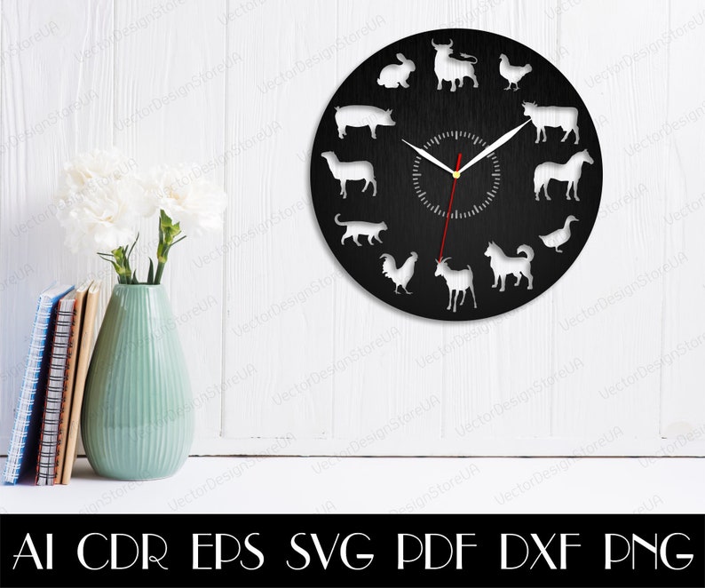 May include: A black clock face with white animal silhouettes around the edge. The animals include a pig, a llama, a cat, a rooster, a goat, a dog, a duck, a rabbit, a bull, a chicken, a cow, and a horse. The clock hands are red and white.