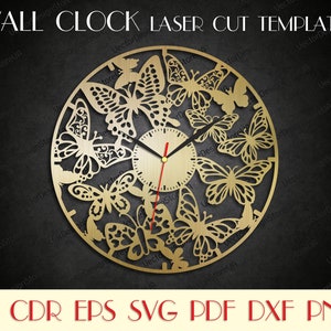 May include: A laser cut wall clock template featuring a circular design with multiple butterfly silhouettes. The clock face is a solid circle with a clock hand design. The text "AI CDR EPS SVG PDF DXF PNG" is at the bottom of the image.