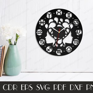 May include: Black wall clock featuring zodiac symbols around the perimeter. The clock face has two profile silhouettes and a decorative design. The clock hands are red. The clock is displayed on a white surface. The image also includes a vase with flowers and books.