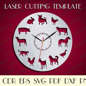May include: A silver clock face with a black clock hand and red clock hand. The clock face has a variety of animal silhouettes around the clock face, including a bull, a rabbit, a pig, a goat, a chicken, a duck, a horse, a dog, and a cat.