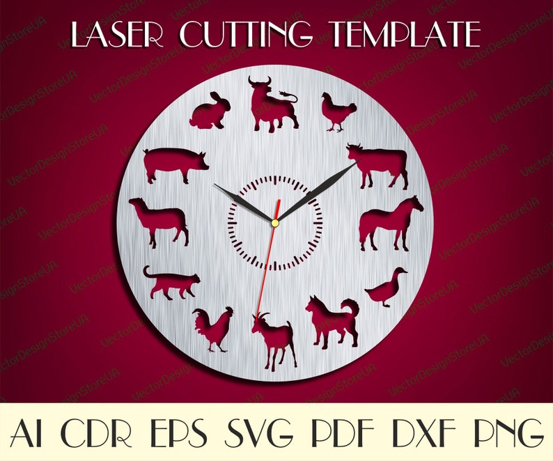 May include: A silver clock face with a black clock hand and red clock hand. The clock face has a variety of animal silhouettes around the clock face, including a bull, a rabbit, a pig, a goat, a chicken, a duck, a horse, a dog, and a cat.