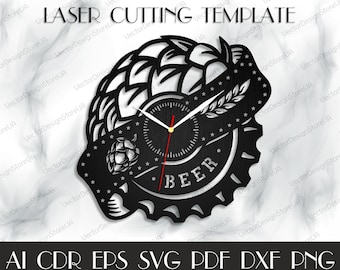 Zegar do pubu piwnego dxf, Sztuka pubu piwnego, Pub piwny svg, Dekoracja piwa, Zegar piwny, Prezent piwny, Prezent dla niego, Prezent urodzinowy, Wektor do CNC, Drewno cięte laserowo WCM-33
