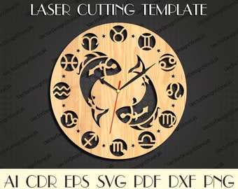 Zegar Ryby,Ryby svg,Znak zodiaku Ryby,Znaki astrologiczne svg,Zodiak svg,Prezent Ryby,Pliki cięte laserowo,Drewno cięte laserowo,Zegar svg WCM-162