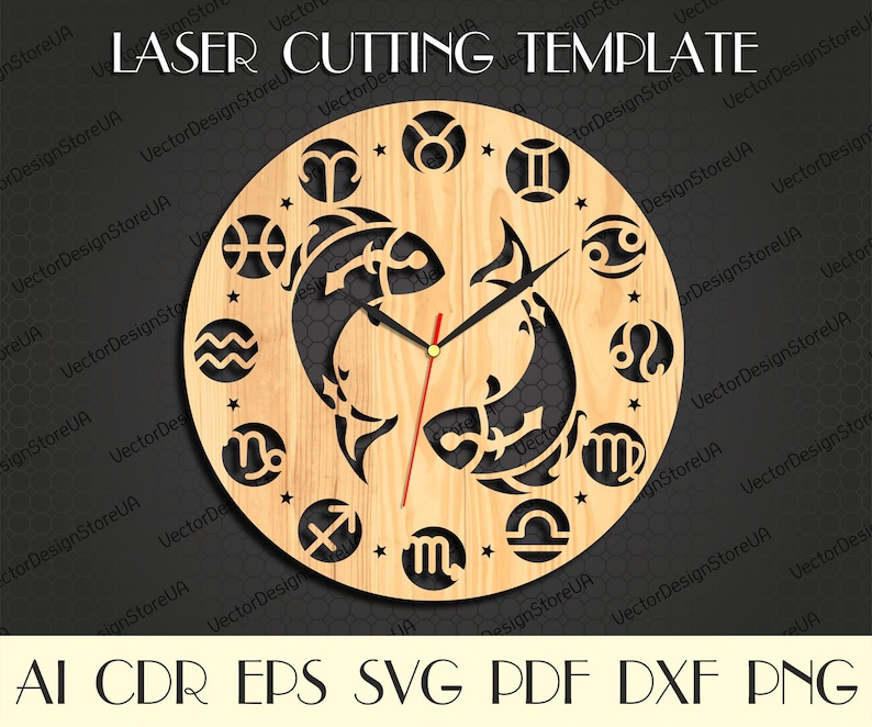 May include: A wooden clock face with a laser cut design of the zodiac signs and a pair of fish. The clock face is round and has a light brown color. The clock hands are red and black.