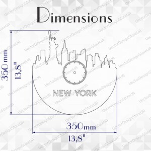 May include: A black and white line drawing of the New York City skyline, including the Statue of Liberty, with the word "NEW YORK" below. The dimensions are 13.8 inches by 13.8 inches (350 mm x 350 mm).