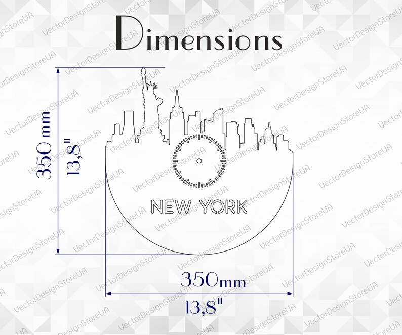 May include: A black and white line drawing of the New York City skyline, including the Statue of Liberty, with the word "NEW YORK" below. The dimensions are 13.8 inches by 13.8 inches (350 mm x 350 mm).