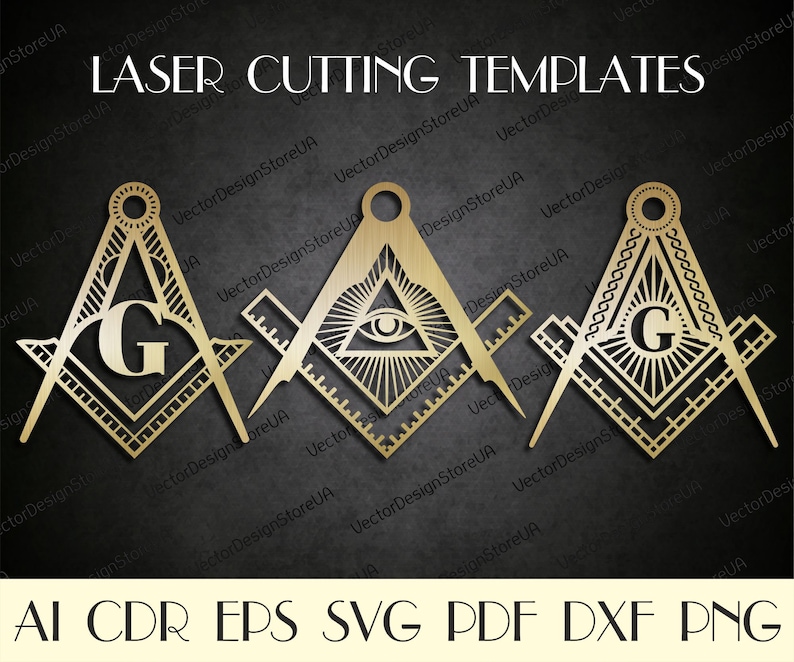 May include: Three gold-colored laser cutting templates featuring Masonic symbols. The symbols include a square and compass, an all-seeing eye, and a letter G.