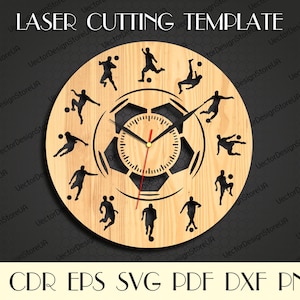May include: Laser cut template for a clock featuring a soccer ball design with 12 soccer players in different poses around the clock face. The template is available in AI, CDR, EPS, SVG, PDF, DXF, and PNG formats.
