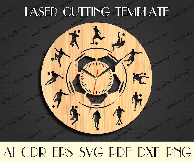 May include: Laser cut template for a clock featuring a soccer ball design with 12 soccer players in different poses around the clock face. The template is available in AI, CDR, EPS, SVG, PDF, DXF, and PNG formats.