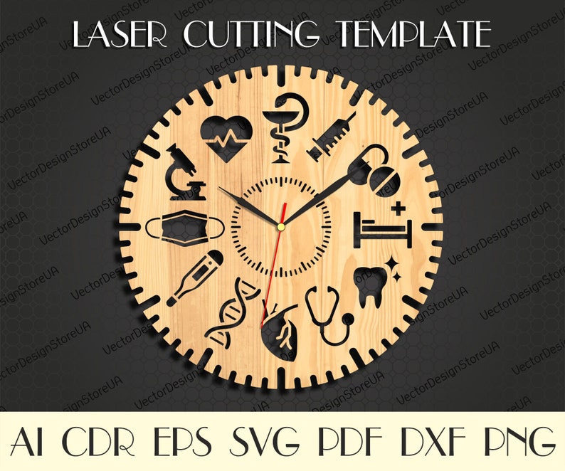 Pu&ograve; includere: Un modello di taglio laser per un design di orologio con un quadrante in legno con simboli medici, tra cui uno stetoscopio, un cuore, una pillola, un termometro, una siringa, una catena di DNA, un dente, un letto d'ospedale, un microscopio e una maschera facciale. Il quadrante dell'orologio &egrave; circondato da un cerchio nero con un motivo a forma di ingranaggio. Il testo "LASER CUTTING TEMPLATE" &egrave; nella parte superiore dell'immagine. Il testo "AI CDR EPS SVG PDF DXF PNG" &egrave; nella parte inferiore dell'immagine.