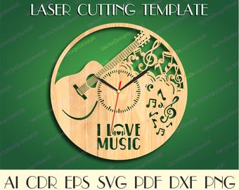 Zegar muzyczny svg, Zegar muzyczny na ścianę, Dekoracja muzyczna svg, Rustykalna dekoracja ścienna, Dekoracja sali muzycznej, Plik zegara, Szablon wycinany laserowo, Plany CNC WCM-260