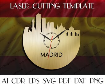 Madrid skyline art,Madrid svg,Madrid wall clock,Madrid silhouette,Spanish decor,Laser cut files,Clock svg,Dxf files for laser WCT-2