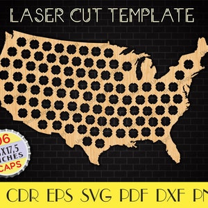 May include: Laser cut template of the United States of America with 96 circles for bottle caps. The template is 28 x 17.5 inches. The template is made of wood and has a light brown color.