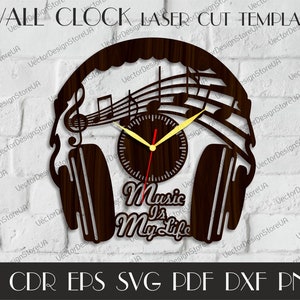 Muziek Wall Clock svg, Muziek klok voor muur, Muziek decor svg, Cadeau voor muzikant, Music hall decor, Klok bestand, Laser gesneden sjabloon, CNC plannen WCM-89
