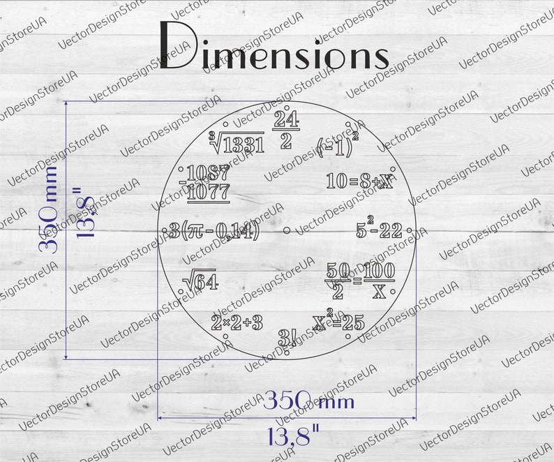 May include: A black and white image of a circle with mathematical equations and formulas inside. The circle is 13.8 inches in diameter and 350 mm in circumference.