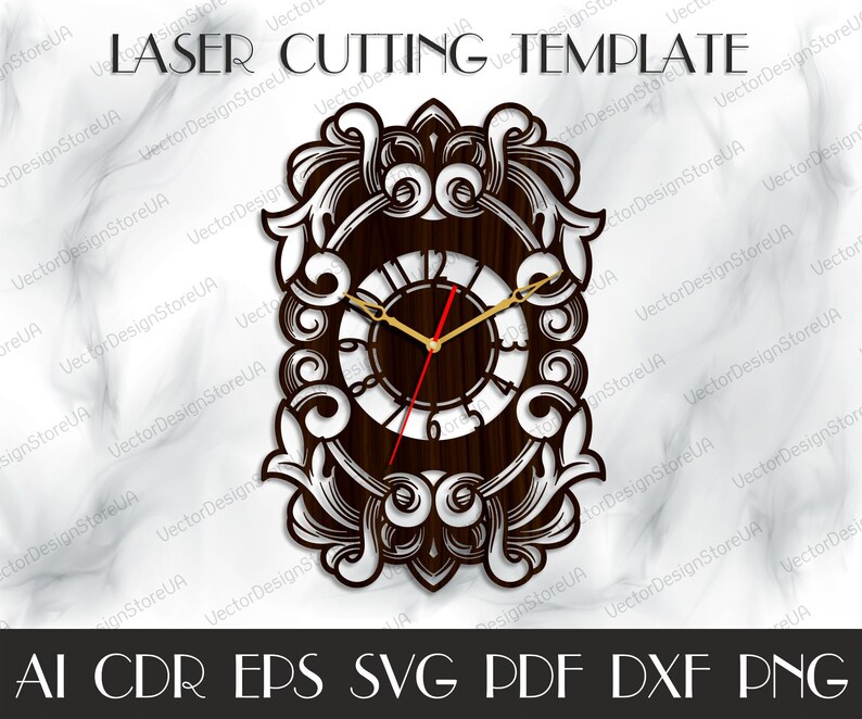 May include: A laser-cut wooden clock template with an ornate, scrolling design. The clock face is white with black numerals and gold hands. The text "LASER CUTTING TEMPLATE" is at the top. Below are file format options: AI CDR EPS SVG PDF DXF PNG.