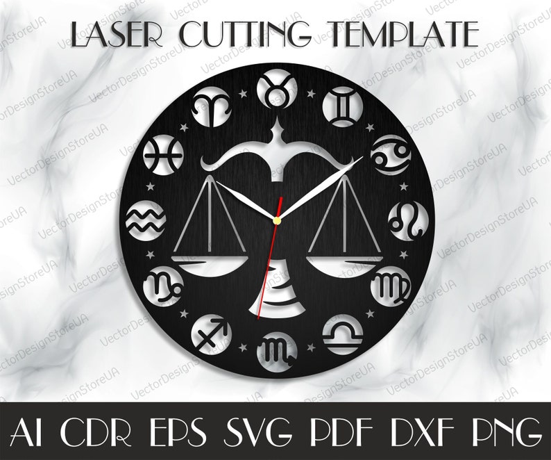 May include: Black and white clock face with a Libra zodiac symbol and the twelve zodiac symbols around the edge. The clock face is designed for laser cutting.