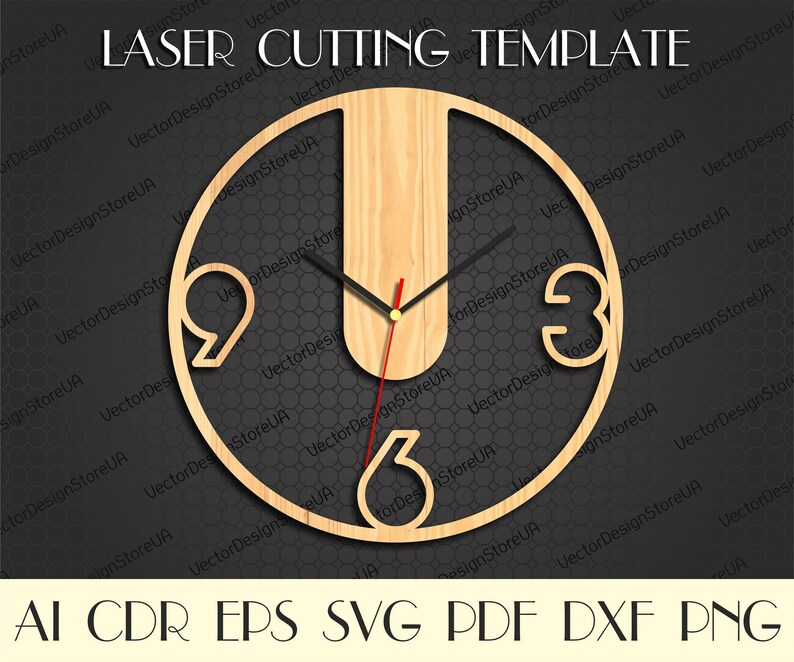 Op de afbeelding: Een lasergesneden klokgezicht sjabloon met Romeinse cijfers en een U-vormig ontwerp in het midden. De sjabloon is ontworpen voor hout en bevat de tekst "LASER CUTTING TEMPLATE".