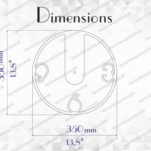Op de afbeelding: Een zwart-witte lijntekening van een cirkel met de nummers 3, 6 en 9 erin. De cirkel heeft een diameter van 13,8 inch, of 350 millimeter.