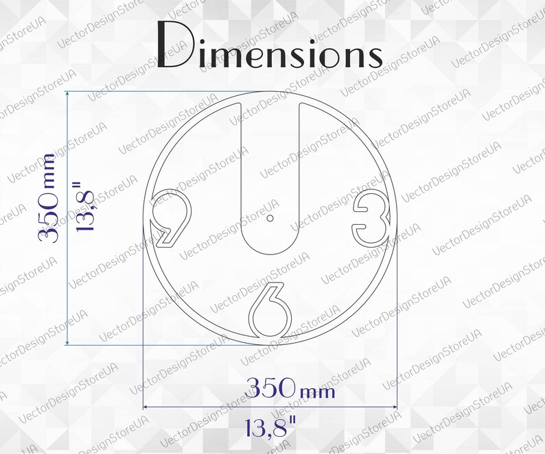 Op de afbeelding: Een zwart-witte lijntekening van een cirkel met de nummers 3, 6 en 9 erin. De cirkel heeft een diameter van 13,8 inch, of 350 millimeter.