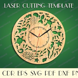 May include: A laser cutting template for a clock featuring a sea life design with seahorses, starfish, turtles, and fish. The template is in the shape of a circle and has a clock face in the center.