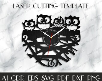 Reloj de búhos svg, Arte de pájaros, Reloj de pared de pájaros, Búhos svg, Decoración del hogar para niños, Pájaros svg, Archivo de corte láser, Archivos para láser, Vector para CNC, Reloj svg WCM-200