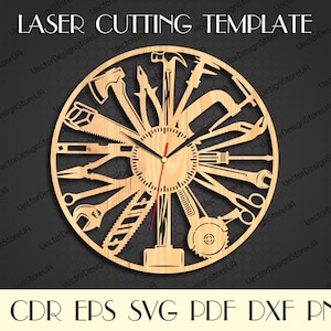 Può includere: Orologio in legno con un design circolare con vari strumenti, tra cui un martello, una sega e una chiave inglese. Le lancette dell'orologio sono nere, con una lancetta dei secondi rossa. Il testo "LASER CUTTING TEMPLATE" è in alto.
