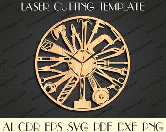 Tools Clock svg,Workshop sign file,Mechanical tools svg,Rustic wall decor,Workshop decor,Clock file,Laser cut template,CNC plans WCM-173