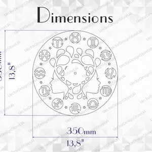 May include: A circular design featuring zodiac symbols and two female profiles, with the word "Dimensions" at the top. The design is 350mm (13.8") in diameter.