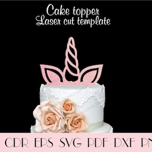 May include: Pink glitter unicorn cake topper, laser cut template.  AI, CDR, EPS, SVG, PDF, DXF, PNG file formats.