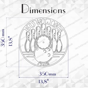 May include: A black and white illustration of a bowling club emblem. The design includes bowling pins, a ball, and the words "BOWLING CLUB". The dimensions are 13.8 inches by 13.8 inches.