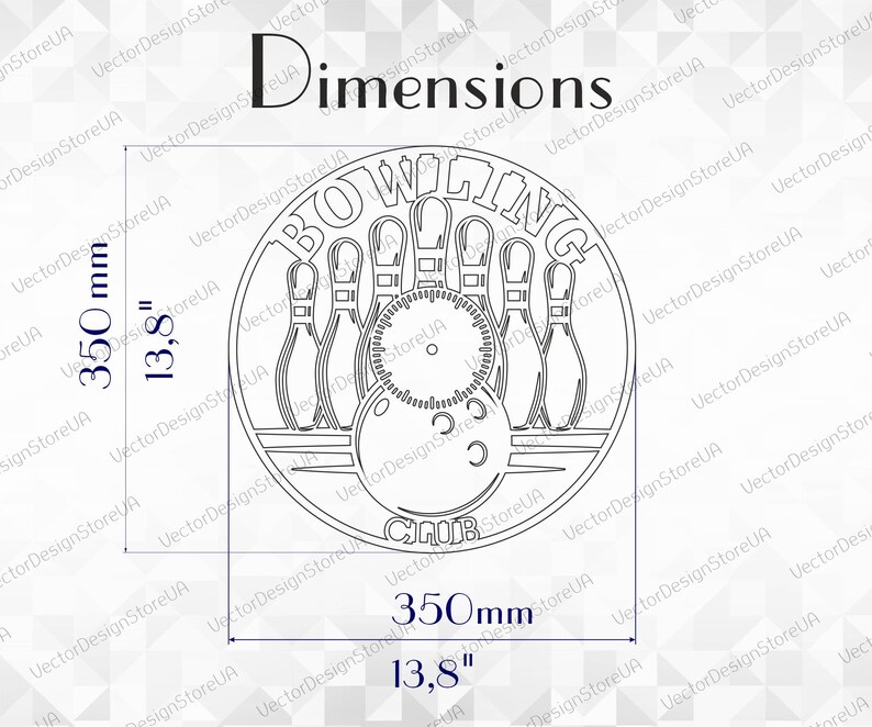 May include: A black and white illustration of a bowling club emblem. The design includes bowling pins, a ball, and the words "BOWLING CLUB". The dimensions are 13.8 inches by 13.8 inches.