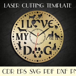 File orologio da parete per cani, arredamento da parete per cani, arte della parete per cani, cani in formato SVG, regalo con cani, amo i cani, file tagliati al laser, orologio in formato SVG, file Dxf per laser WCM-247