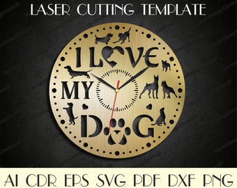 Dogs wall clock file,Dogs wall decor,Dogs wall art,Dogs svg,Gift with Dogs,I love Dogs,Laser cut files,Clock svg,Dxf files for laser WCM-247