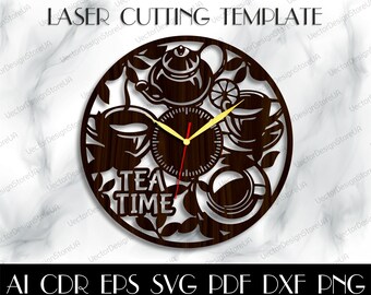 Tea wall decor svg,Tea time wall art,Kitchen wall decor,Tea time svg,Kitchen clock,CNC file,Birthday gift,Vector for CNC,Clock svg WCM-210