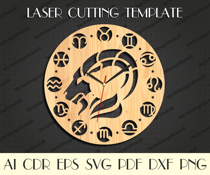 May include: A wooden clock face with a laser cut design of the zodiac signs. The clock face is round and has a brown wood grain finish. The clock hands are black and the clock face is surrounded by a circle of stars.