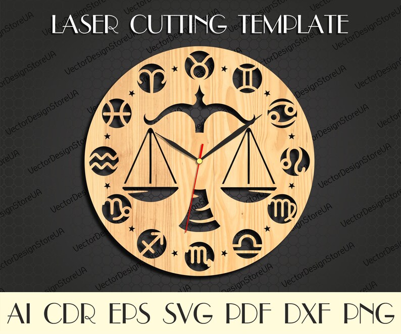 May include: A laser cut wooden clock face with a zodiac theme. The clock face features the scales of Libra, the zodiac sign for Libra, and the symbols for all 12 zodiac signs. The clock face is brown and has a wood grain texture. The clock hands are black and red.