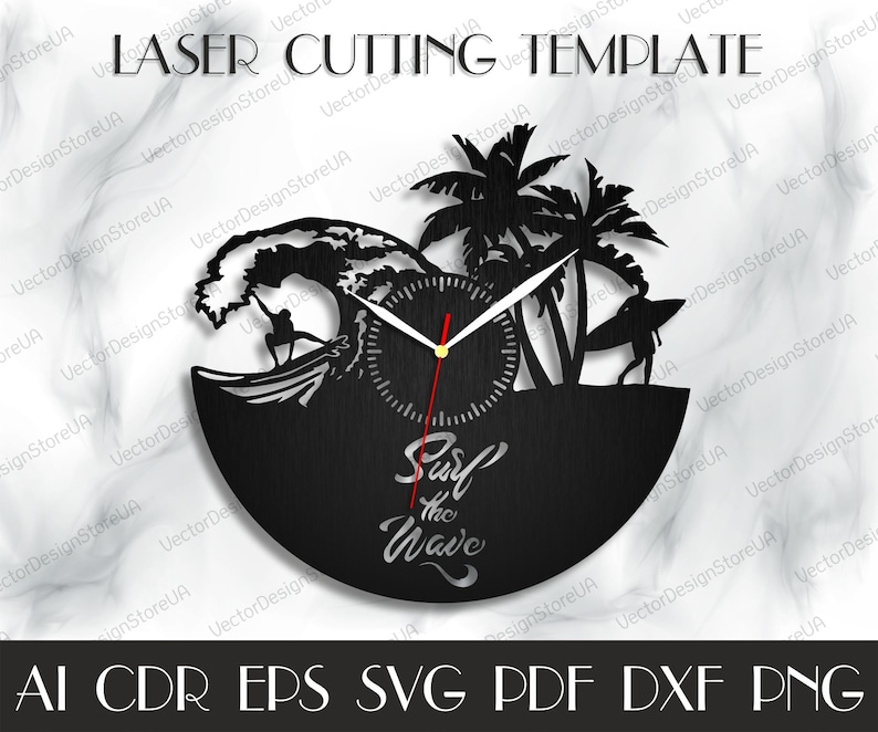 May include: Black and white laser cut design of a clock with a surfer riding a wave, palm trees, and the text "Surf the Wave".