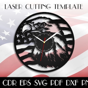 May include: A laser cutting template featuring a bald eagle with an American flag design. The eagle's head is facing the left side of the image. The eagle's eye is visible. The template includes a clock face with hands. The template is labeled "LASER CUTTING TEMPLATE" and "AI CDR EPS SVG PDF DXF PNG".