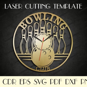 May include: A laser-cut template for a bowling club clock. The clock features a gold-colored design with bowling pins, a bowling ball, and the words "BOWLING CLUB." The clock hands are red. The text "LASER CUTTING TEMPLATE" is at the top.